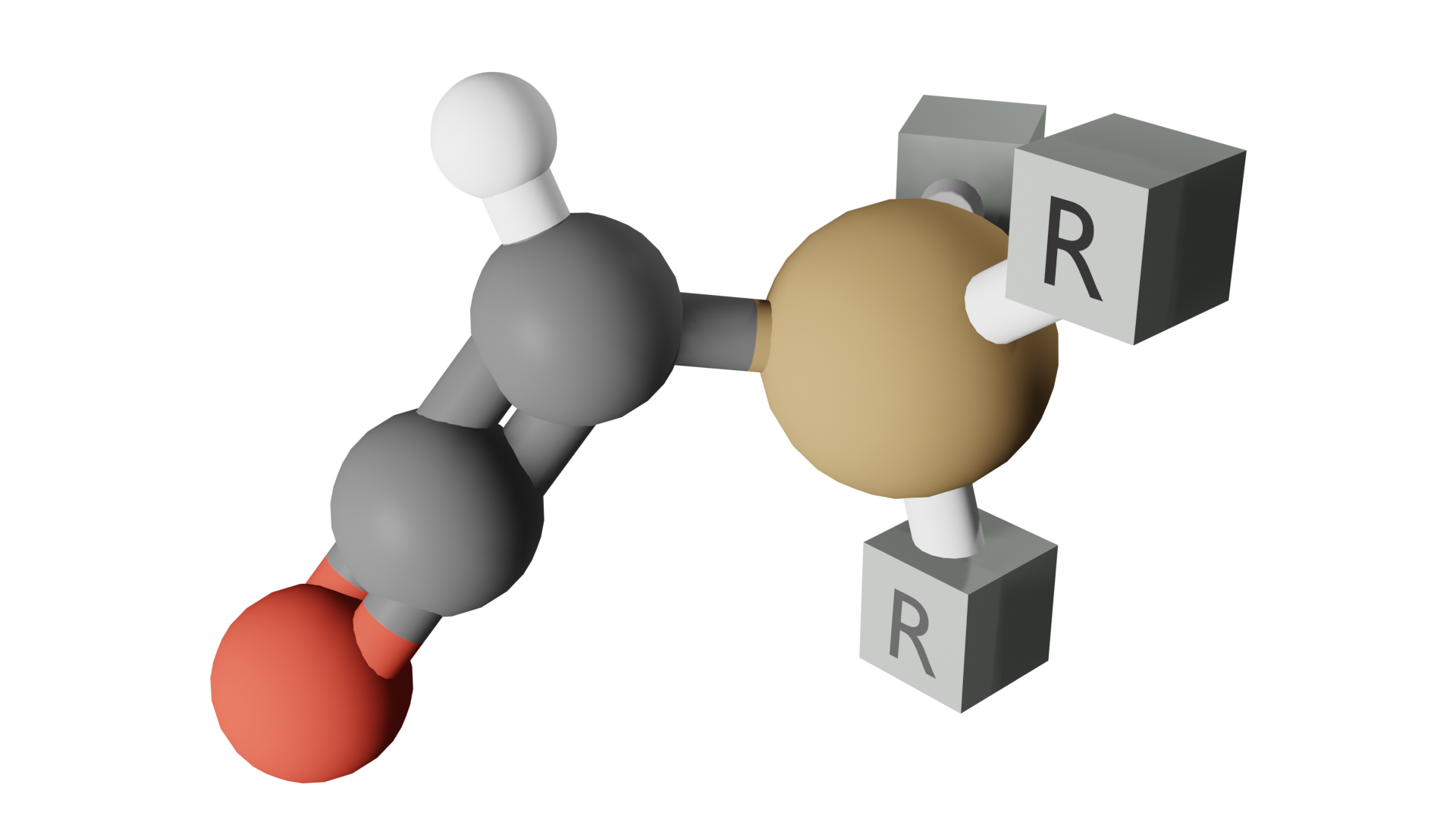 An illustrative rendering of a silyl ketene monomer, where the cubes labelled R can be replaced with any functional group